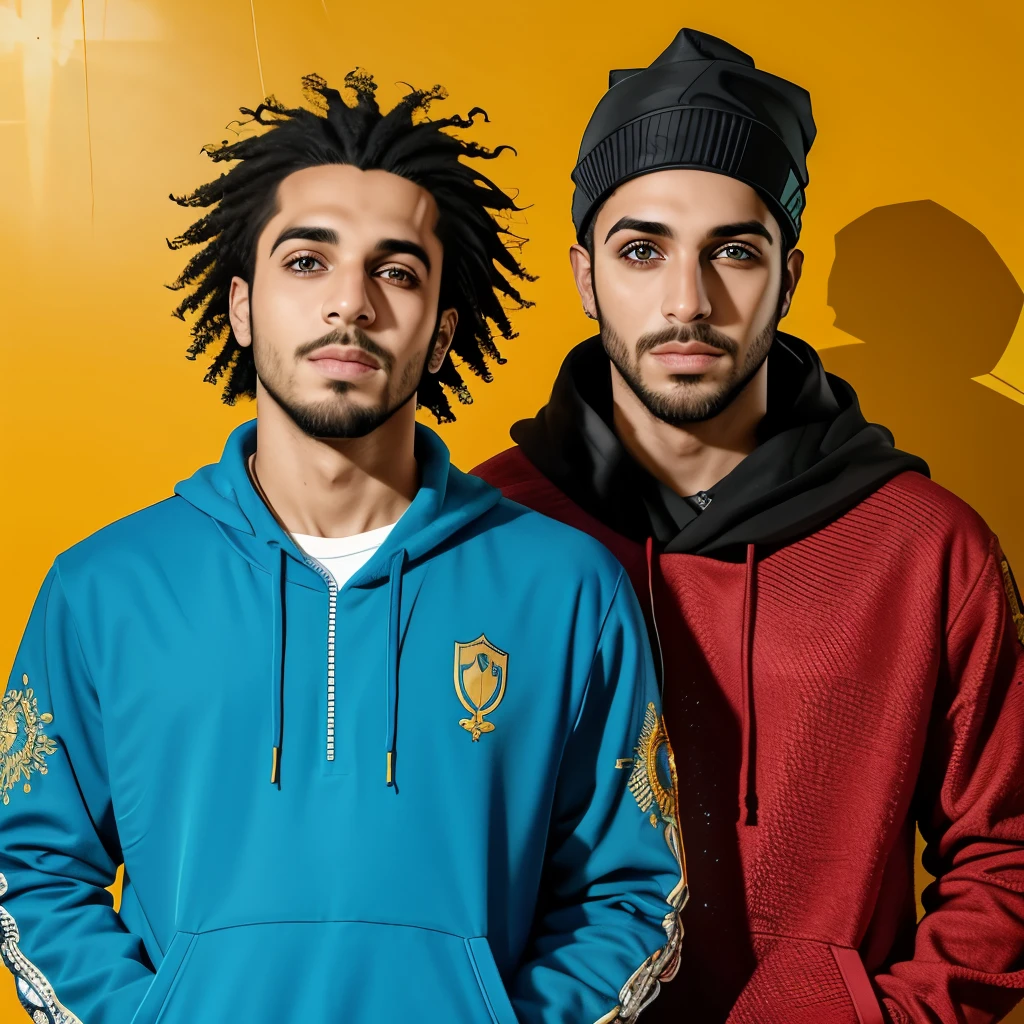 Foto retrato, melhor qualidade, Ulta realista, nada ali, 8K, nada ali, 8K, premiado , (sharp focus, intricado, altamente detalhado) jogar, dois homens, default background