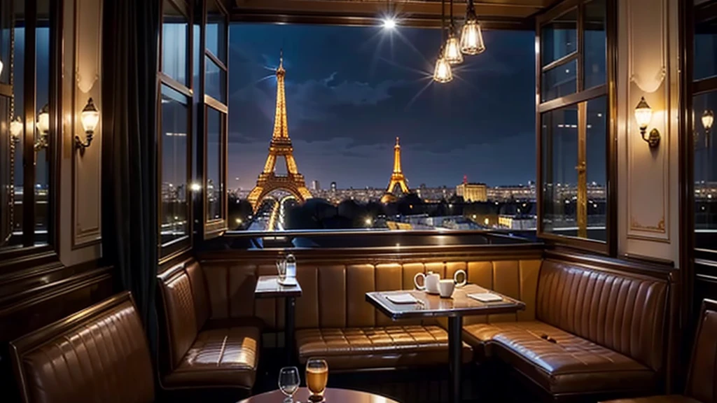 NIGHT TIME, paris coffee shop interior with a big window and view of the eifell tower, there are coffee cups in the tables