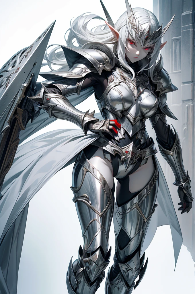 female elf knight, full body art, silver hair, white skin, red iris eye, knight full plate adorned armor, silver cape, perfectly detailed full body art