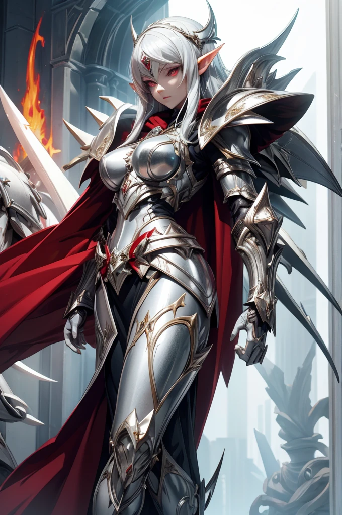 female elf knight, full body art, silver hair, white skin, red iris eye, knight full plate adorned armor, silver cape, perfectly detailed full body art