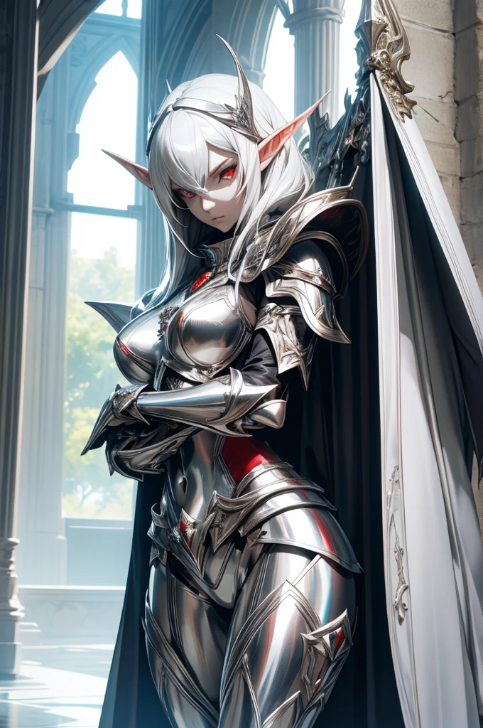 female elf knight, full body art, silver hair, white skin, red iris eye, knight full plate adorned armor, silver cape, perfectly detailed full body art