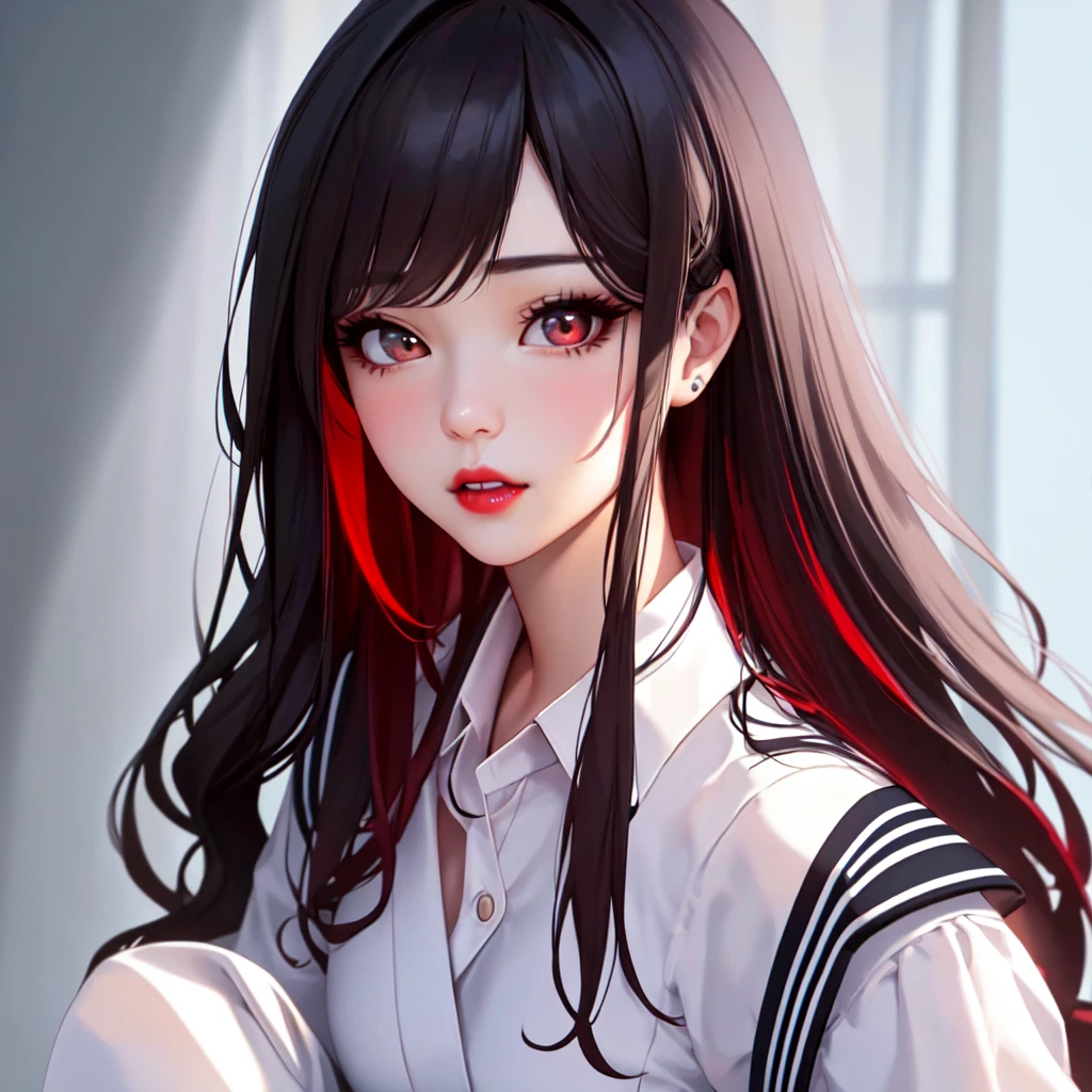  (1girl:1.3, solo), (a extremely pretty and beautiful Japanese woman), (sexy girl), (professional attire:1.3), (22 years old: 1.1), (attractive random posing:1.3), ( long, wavy black hair with red highlights :1.2), bangs, red eyes, beautiful eyes, princess eyes, (big eyes:1.3), bangs, long hair:1.3,(big breasts:0.95), (thin waist: 1.15), (detailed beautiful girl: 1.4), Parted lips, Red lips, full-make-up face, (shiny skin), ((Perfect Female Body)), (Upper Body Image:1.3), Perfect Anatomy, Perfect Proportions, (most beautiful Korean actress face:1.3, extremely cute and beautiful Japanese actress face:1.3), BREAK, (View viewer, wearing a school girl uniform, (insanely detailed collared sailor shirt:1.3, long-sleeve:1.3), (black box-skirt:1.3), detailed clothes, (simple background:1.2) (Studio soft lighting: 1.3), (sunlights: 1.3), (backlight: 1.3), (Realistic, Photorealistic: 1.37), (Masterpiece, Best Quality: 1.2), (Ultra High Resolution: 1.2), (RAW Photo: 1.2), (Sharp Focus: 1.3), (Face Focus: 1.2), (Ultra Detailed CG Unified 8k Wallpaper: 1.2), (Beautiful Skin: 1.2), (Hyper Sharp Focus: 1.5), (Ultra Sharp Focus: 1.5), (Beautiful pretty face: 1.3), (super detailed background, detail background: 1.3), Ultra Realistic Photo, Hyper Sharp Image, Hyper Detail Image, soft light, (natural skin texture:1.2), (hyperrealism:1.2), sharp focus, focused,[[realistic]]