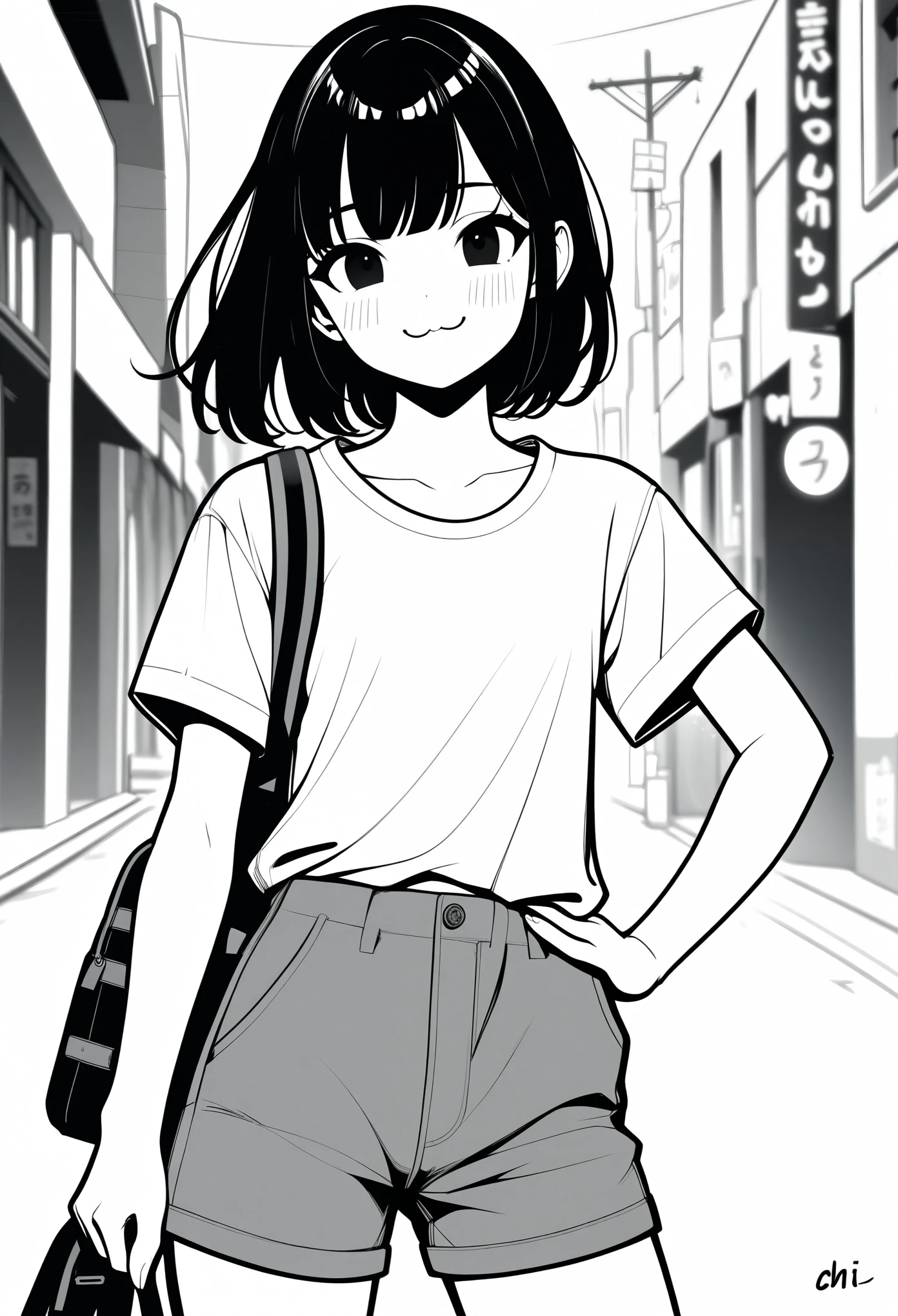 ​masterpiece, best quality, 1girl, jyt:3, grayscale, style: manga, japanese, chi no wadachi, black eyes, street, iced, black hair, schoolbag, smile, lineart, white background, white shirt, grey shorts,
