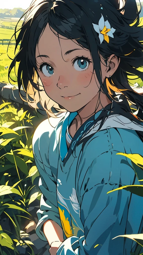 Reasonable design, Clear lines, High Sharpness, (Highest quality,4K,Perfect sharpness,Ultra-fine,High resolution,masterpiece:1.2), Perfect Anatomy:1.5, Official Art, Illustrations that tell a story, (Whitish background:0. 9)、Body Positivity、Diverse physical expressions、((Random and energetic poses))、Perfect beauty、Perfect beautiful face、(Strong winds)、Rich expressiveness、Dynamic configuration、smile、Golden ratio composition、colorful、((Different angles and perspectives))、Anime Drawing Skirt、(Overcoming stereotypes)、 Glowing Skin、(Natural Beauty)、bangs、Straight hair、(Soft and flowing hair)、(countryside)、(Nostalgic atmosphere)、Put it on your feet、(Playful and easygoing)、(diverse characters)、(Graceful posture)、(Sunny atmosphere)、(Bright colors)、Inserted up to the thigh、Skirt fluttering in the wind、Angle from above,Timid girl、