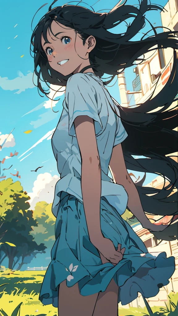 Reasonable design, Clear lines, High Sharpness, (Highest quality,4K,Perfect sharpness,Ultra-fine,High resolution,masterpiece:1.2), Perfect Anatomy:1.5, Official Art, Illustrations that tell a story, (Whitish background:0. 9）、Body Positivity、Diverse physical expressions、（(Random and energetic poses)）、Perfect beauty、Perfect beautiful face、(Strong winds)、Rich expressiveness、Dynamic configuration、smile、Golden ratio composition、colorful、（(Different angles and perspectives))、Anime Drawing Skirt、（Overcoming stereotypes）、 Glowing Skin、（Natural Beauty）、bangs、Straight hair、（Soft and flowing hair）、（countryside）、（Nostalgic atmosphere）、Put it on your feet、（Playful and easygoing）、（diverse characters）、（Graceful posture）、（Sunny atmosphere）、（Bright colors）、Inserted up to the thigh、Skirt fluttering in the wind、Angle from above,Timid girl、