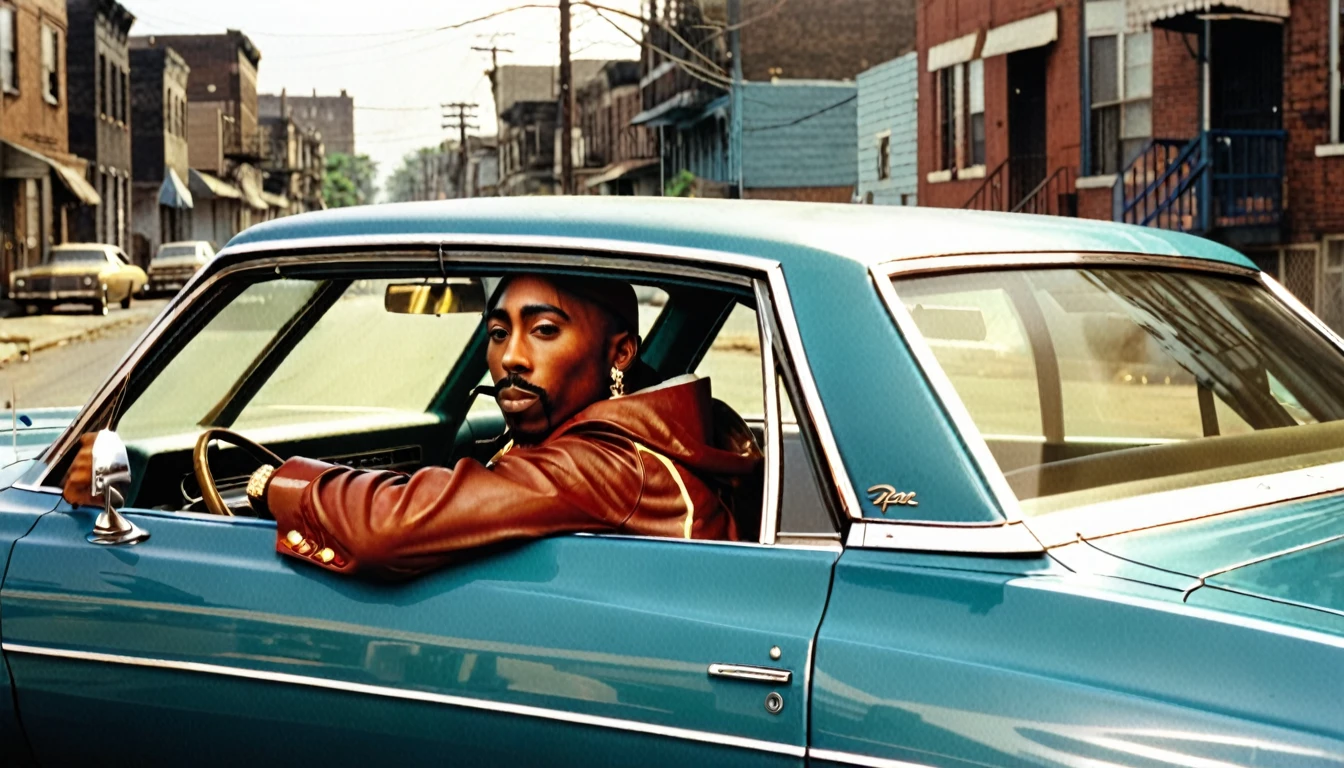 1970s photo of "2Pac" wearing 1970s attire, he is driving a "Chevy Impala" thru the ghetto, cinematic action, atmospheric perspective,