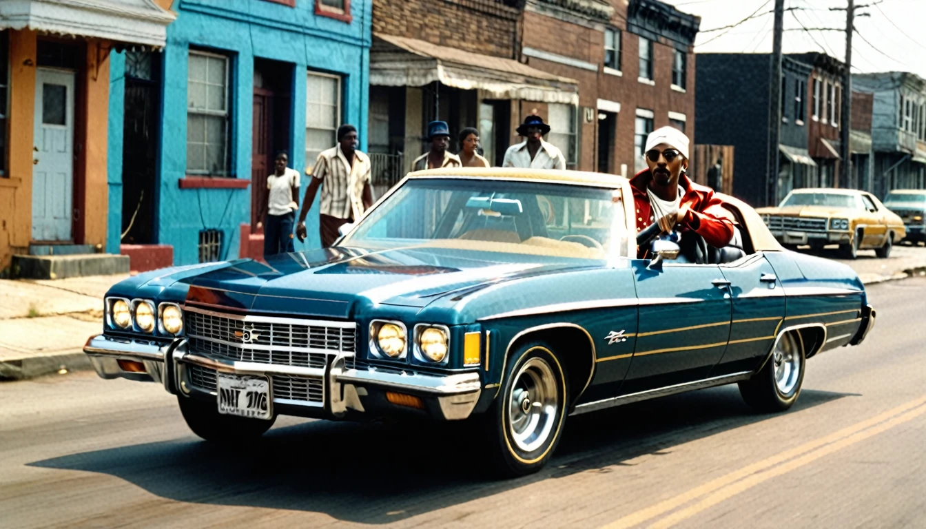 1970s photo of "2Pac" wearing 1970s attire, he is driving a "Chevy Impala" thru the ghetto, cinematic action, atmospheric perspective,
