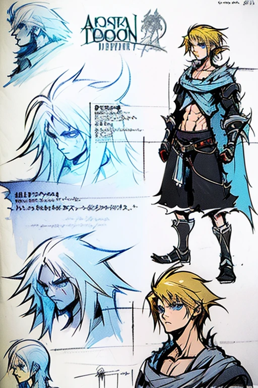 ( Absurdly , High quality , ultra detailed ) ,( hand detailed ) , 1boy, solo, teen, , (concept art, character sheet, character sketch),absurdres(highly detailed beautiful face and eyes)perfect anatomy, (Male), (((lean-body))) ((thin body)) (fit), no shirt, (dark-blue eyes), (multiple views) (sketch), intense eyes, (concept art, character sheet), blond hair, short messy hair, wolf cut, wolf like hair, black cargo shorts, no shirt, no boots