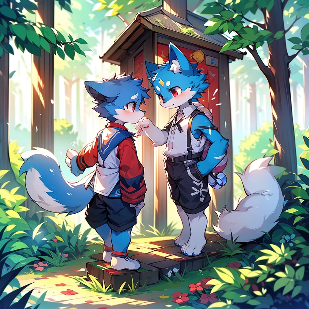 Blue fur, Canine, fox motif, boy, uniform,expensive,Stand on your feet,Red eyes,