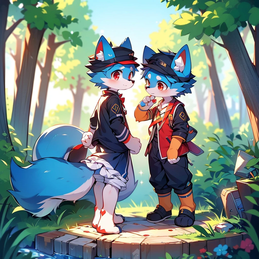 Blue fur, Canine, fox motif, boy, uniform,expensive，Stand on your feet，Red eyes，