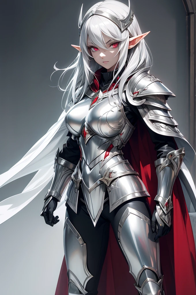 female elf knight, full body art, silver hair, white skin, red iris eye, knight full plate adorned armor, silver cape, perfectly detailed