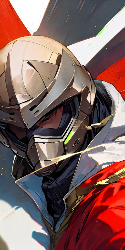 1Girl, Hero suit, Armored, Looking strait, portrait, horn, shoulder armor, Masked hero, Full body, Arlechinno