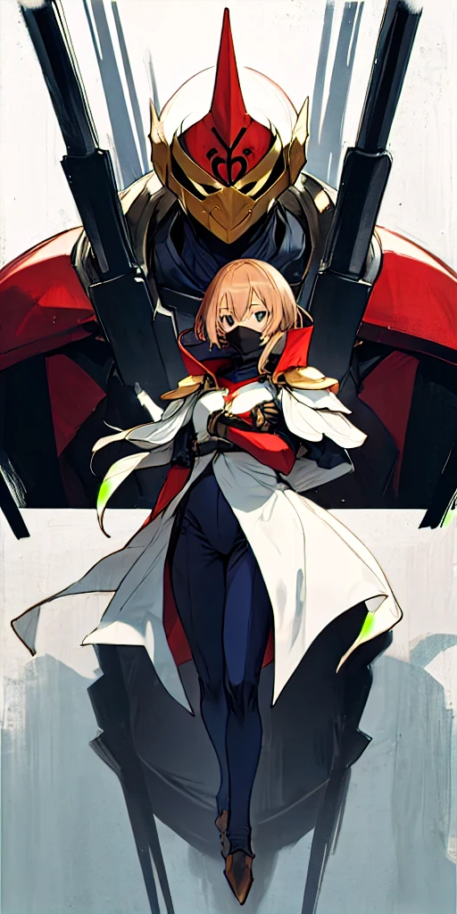 1Girl, Hero suit, Armored, Looking strait, portrait, horn, shoulder armor, Masked hero, Full body, Arlechinno