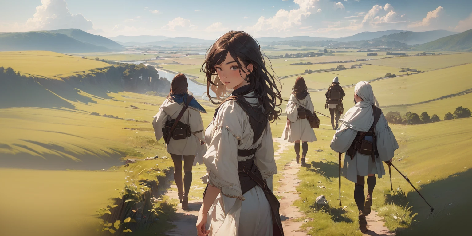 (((Top quality, 4k, 8k, high resolution, masterpiece: 1.2))), (super detailed), (realistic), (photorealistic), (photorealistic: 1.37), (HDR, UHD), (studio (lighting)), ultra-fine drawing, sharp focus, physically based rendering, highly detailed, professional, vibrant colors, medieval European clothing, adventurer's clothing, Vast grassland, majestic plain, wind, grass swaying in the wind, (((girl, girl smiling, girl's feet, girl looking back, girl walking))),