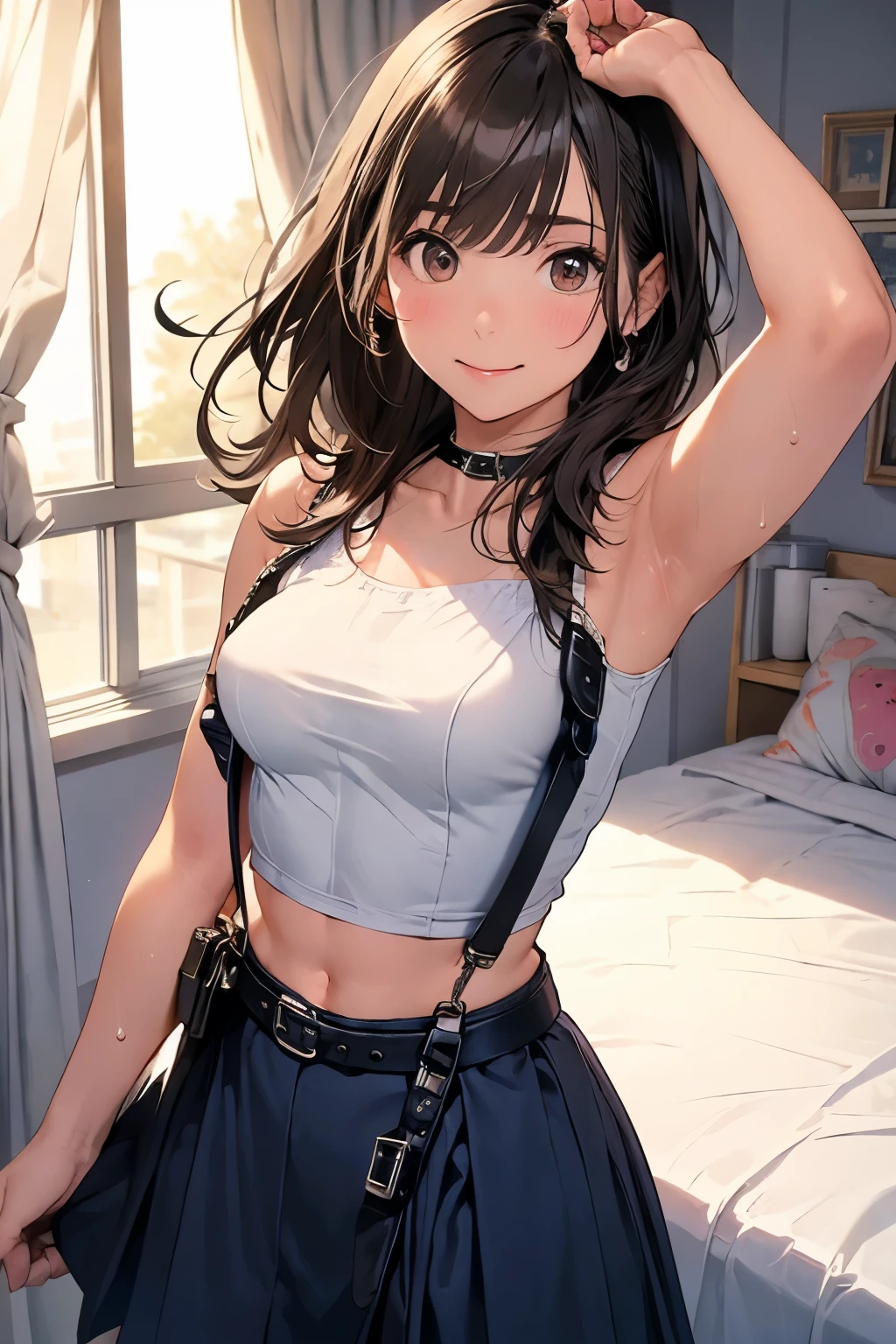 Staring at the audience Black suspenders bulging big breasts wall mini skirt garterbelt garter sight Small face holster Beautiful woman Show your hand Lying in bed sight Taunt side side汗 arm belt summer Armpit sweat Put your hands up