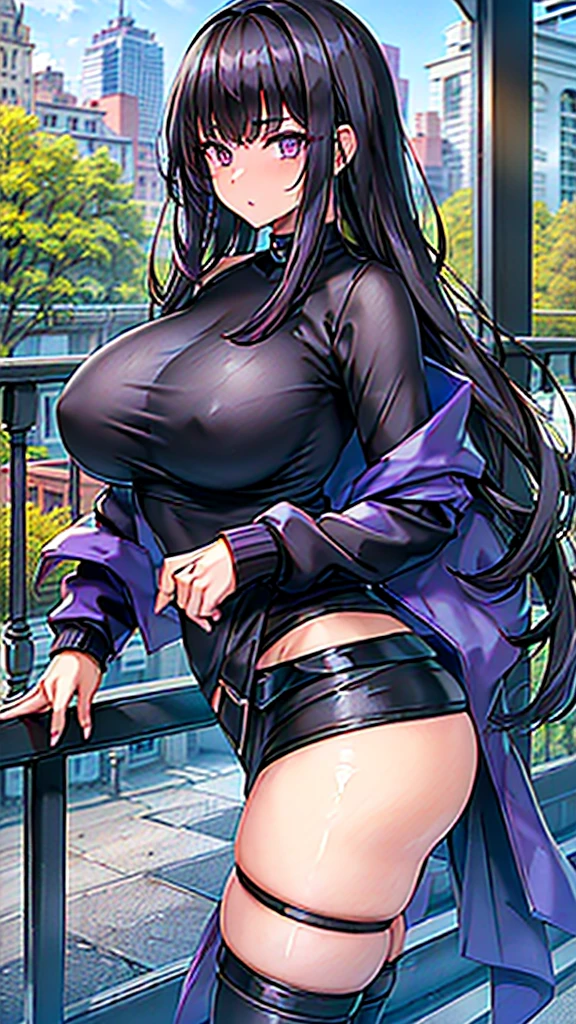 1990s, (masterpiece), high-definition, detailed face, cute girl, perfect body, (big tits: 1.4) big hips, round ass, (black hair with dark purple highlights: 1.4), (tight grey t-shirt: 1.4), (black jacket: 1.4), (purple tight skirt: 1.3), belt, (black thong: 1.2), thigh high stockings, boots, fishnet, pin-up pose, balcony