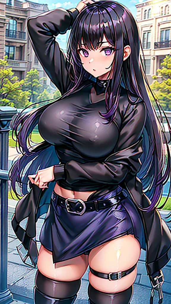 1990s, (masterpiece), high-definition, detailed face, cute girl, perfect body, (big tits: 1.4) big hips, round ass, (black hair with dark purple highlights: 1.4), (tight grey t-shirt: 1.4), (black jacket: 1.4), (purple tight skirt: 1.3), belt, (black thong: 1.2), thigh high stockings, boots, fishnet, pin-up pose, balcony