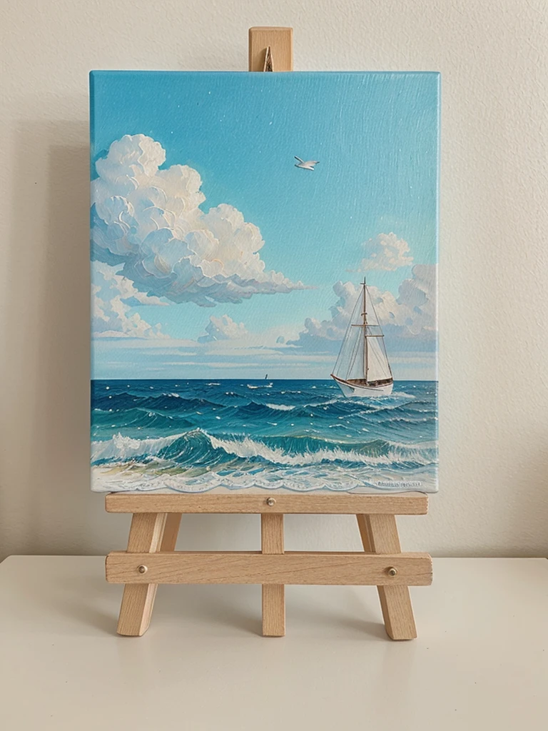 "Create a multiples photographs of a small canvas with a sea-themed painting in on an easel.