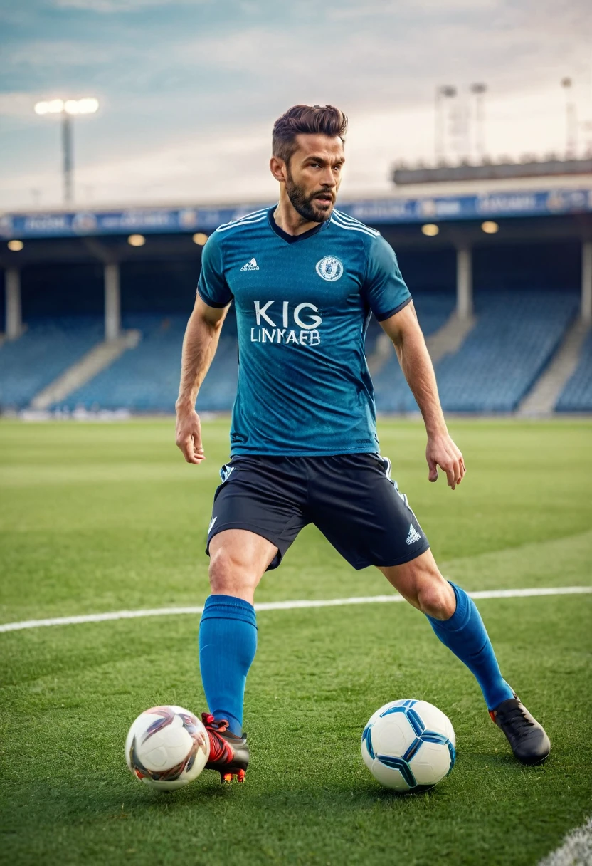 30 years old soccer player in action, kick the ball in his own way, sport clothes, handsome and beautiful. Staggered positions. front light, athletic, fit, focused. A real soccer match, shot by sports photographer. football field background, premier league
