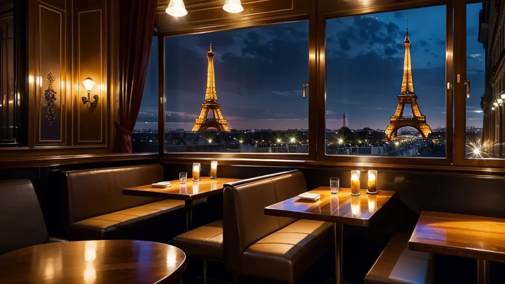 NIGHT TIME, paris coffee shop interior with a big window and view of the eifell tower, there are coffee cups in the tables