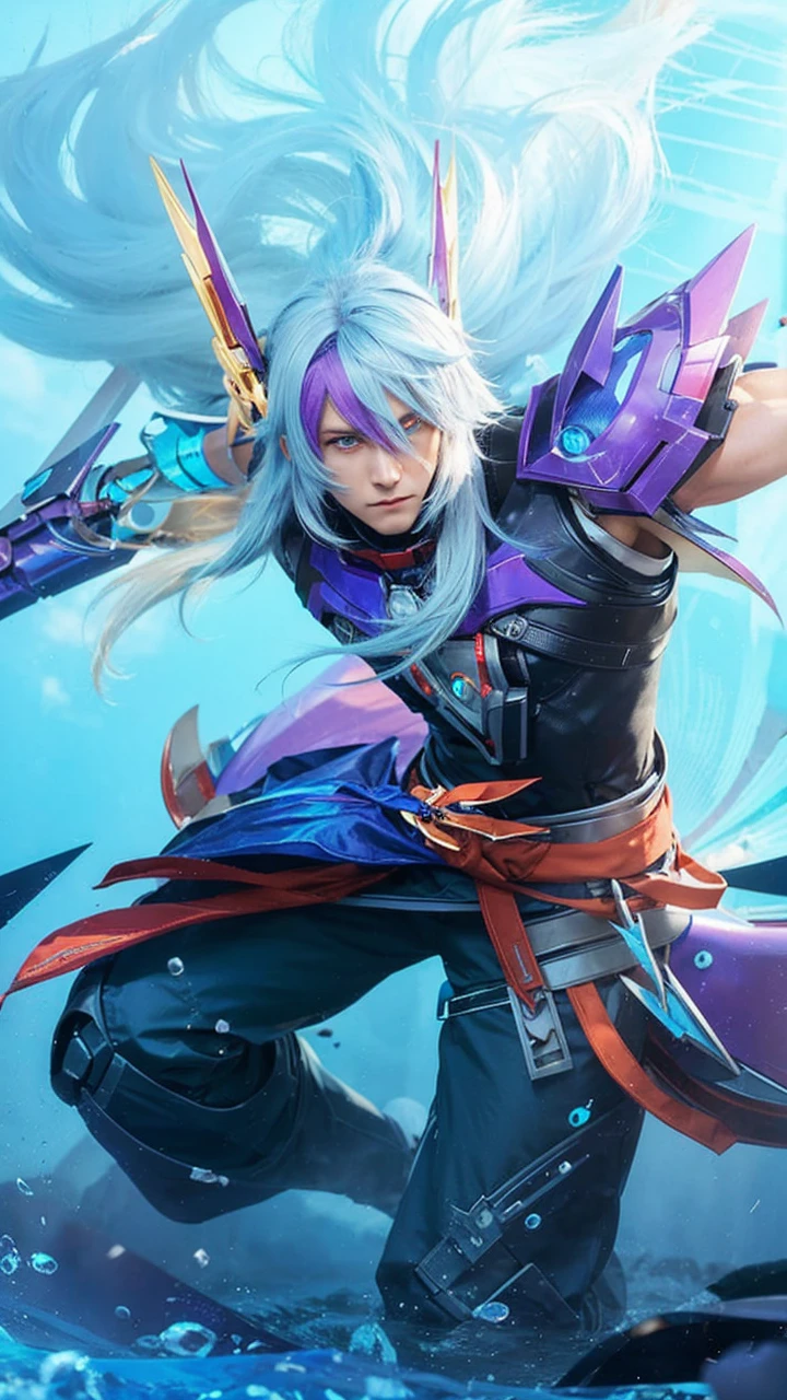 Male anime character with blue hair and robot eyes