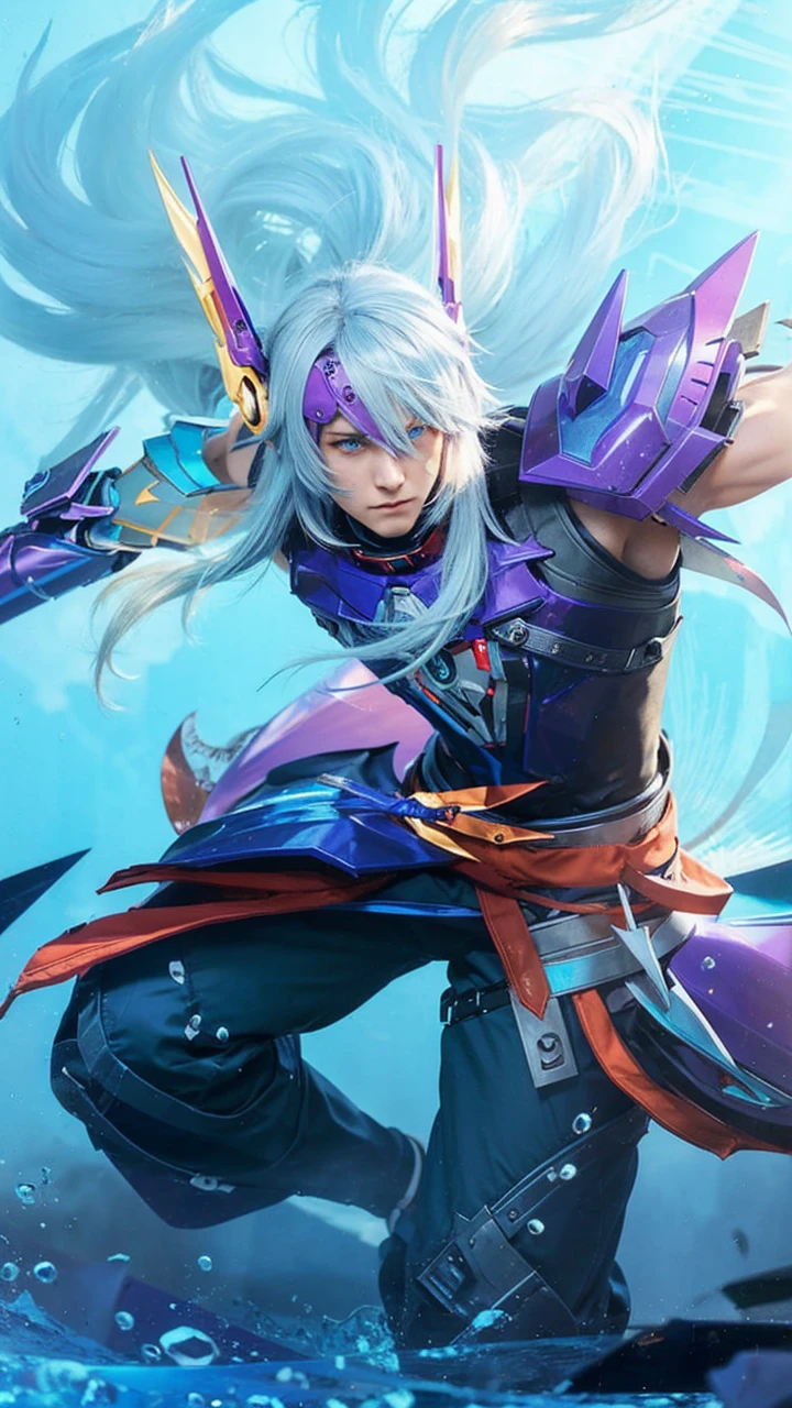 Male anime character with blue hair and robot eyes