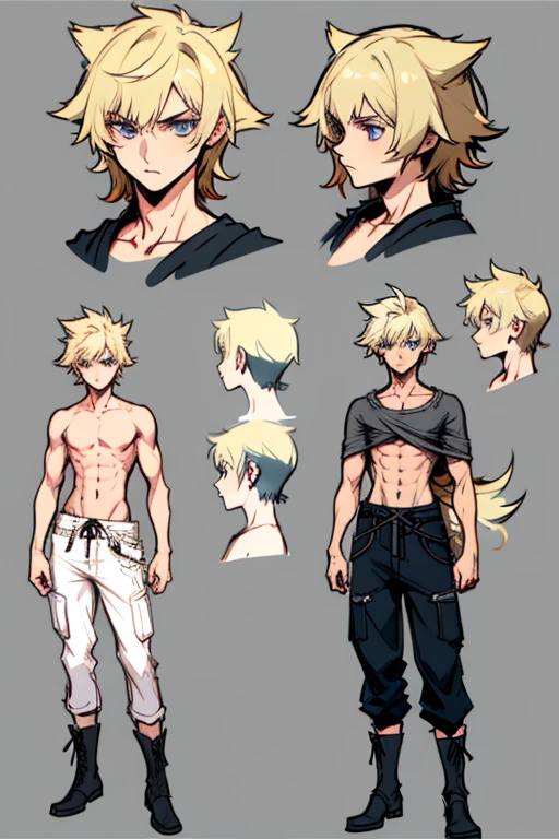 ( Absurdly , High quality , ultra detailed ) ,( hand detailed ) , 1boy, solo, , , (concept art, character sheet, character sketch),absurdres(highly detailed beautiful face and eyes)perfect anatomy, (Male), (((lean-body))) ((thin body)) (fit), no shirt, (dark-blue eyes), (multiple views) (sketch), intense eyes, (concept art, character sheet), blond hair, short messy hair, wolf cut, wolf like hair, black cargo shorts, no shirt, no boots