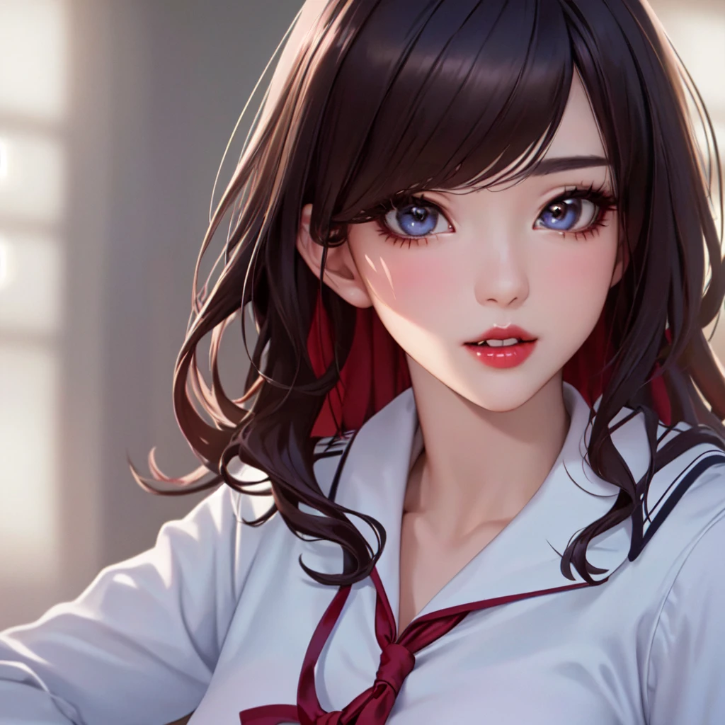  (1girl:1.3, solo), (a extremely pretty and beautiful Japanese woman), (sexy girl), (professional attire:1.3), (22 years old: 1.1), (attractive random posing:1.3), ( long, wavy black hair with red highlights :1.2), bangs, red eyes, beautiful eyes, princess eyes, (big eyes:1.3), bangs, long hair:1.3,(big breasts:0.95), (thin waist: 1.15), (detailed beautiful girl: 1.4), Parted lips, Red lips, full-make-up face, (shiny skin), ((Perfect Female Body)), (Upper Body Image:1.3), Perfect Anatomy, Perfect Proportions, (most beautiful Korean actress face:1.3, extremely cute and beautiful Japanese actress face:1.3), BREAK, (View viewer, wearing a school girl uniform, (insanely detailed collared sailor shirt:1.3, long-sleeve:1.3), (black box-skirt:1.3), detailed clothes, (simple background:1.2) (Studio soft lighting: 1.3), (sunlights: 1.3), (backlight: 1.3), (Realistic, Photorealistic: 1.37), (Masterpiece, Best Quality: 1.2), (Ultra High Resolution: 1.2), (RAW Photo: 1.2), (Sharp Focus: 1.3), (Face Focus: 1.2), (Ultra Detailed CG Unified 8k Wallpaper: 1.2), (Beautiful Skin: 1.2), (Hyper Sharp Focus: 1.5), (Ultra Sharp Focus: 1.5), (Beautiful pretty face: 1.3), (super detailed background, detail background: 1.3), Ultra Realistic Photo, Hyper Sharp Image, Hyper Detail Image, soft light, sharp focus, focused,[[anime]]