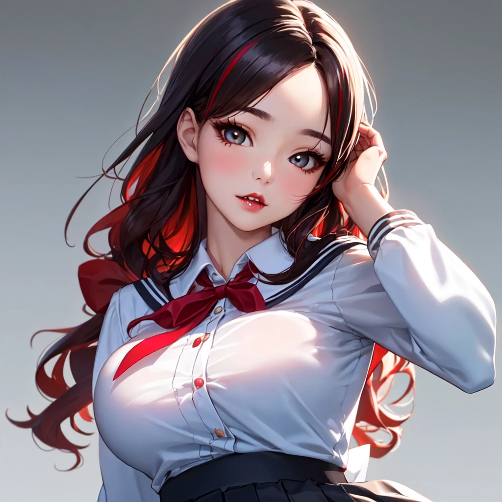  (1girl:1.3, solo), (a extremely pretty and beautiful Japanese woman), (sexy girl), (professional attire:1.3), (22 years old: 1.1), (attractive random posing:1.3), ( long, wavy black hair with red highlights :1.2), bangs, red eyes, beautiful eyes, princess eyes, (big eyes:1.3), bangs, long hair:1.3,(big breasts:0.95), (thin waist: 1.15), (detailed beautiful girl: 1.4), Parted lips, Red lips, full-make-up face, (shiny skin), ((Perfect Female Body)), (Upper Body Image:1.3), Perfect Anatomy, Perfect Proportions, (most beautiful Korean actress face:1.3, extremely cute and beautiful Japanese actress face:1.3), BREAK, (View viewer, wearing a school girl uniform, (insanely detailed collared sailor shirt:1.3, long-sleeve:1.3), (black box-skirt:1.3), detailed clothes, (simple background:1.2) (Studio soft lighting: 1.3), (sunlights: 1.3), (backlight: 1.3), (Realistic, Photorealistic: 1.37), (Masterpiece, Best Quality: 1.2), (Ultra High Resolution: 1.2), (RAW Photo: 1.2), (Sharp Focus: 1.3), (Face Focus: 1.2), (Ultra Detailed CG Unified 8k Wallpaper: 1.2), (Beautiful Skin: 1.2), (Hyper Sharp Focus: 1.5), (Ultra Sharp Focus: 1.5), (Beautiful pretty face: 1.3), (super detailed background, detail background: 1.3), Ultra Realistic Photo, Hyper Sharp Image, Hyper Detail Image, soft light, sharp focus, focused,[[anime]]