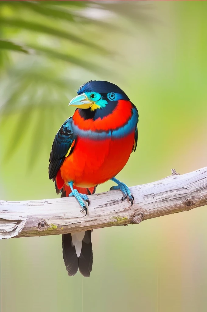 brightly colored bird perched on a branch with a blurred background, colorful birds, colorful bird with a long, long thick shiny black beak, very colourful, vibrant and stylized, rare bird in the jungle, colorful plumage, highly colorful, innocent look. rich vivid colors, extremely colorful, inspired by Charles Bird King, colorful contrast, vibrant and vivid, rich colourful