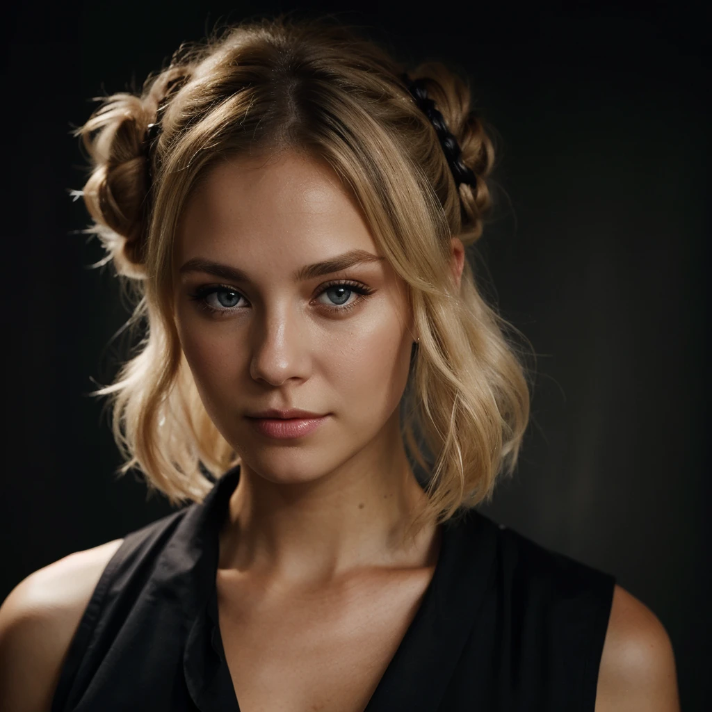 an eye contact of a blond with bun hair and dark theme