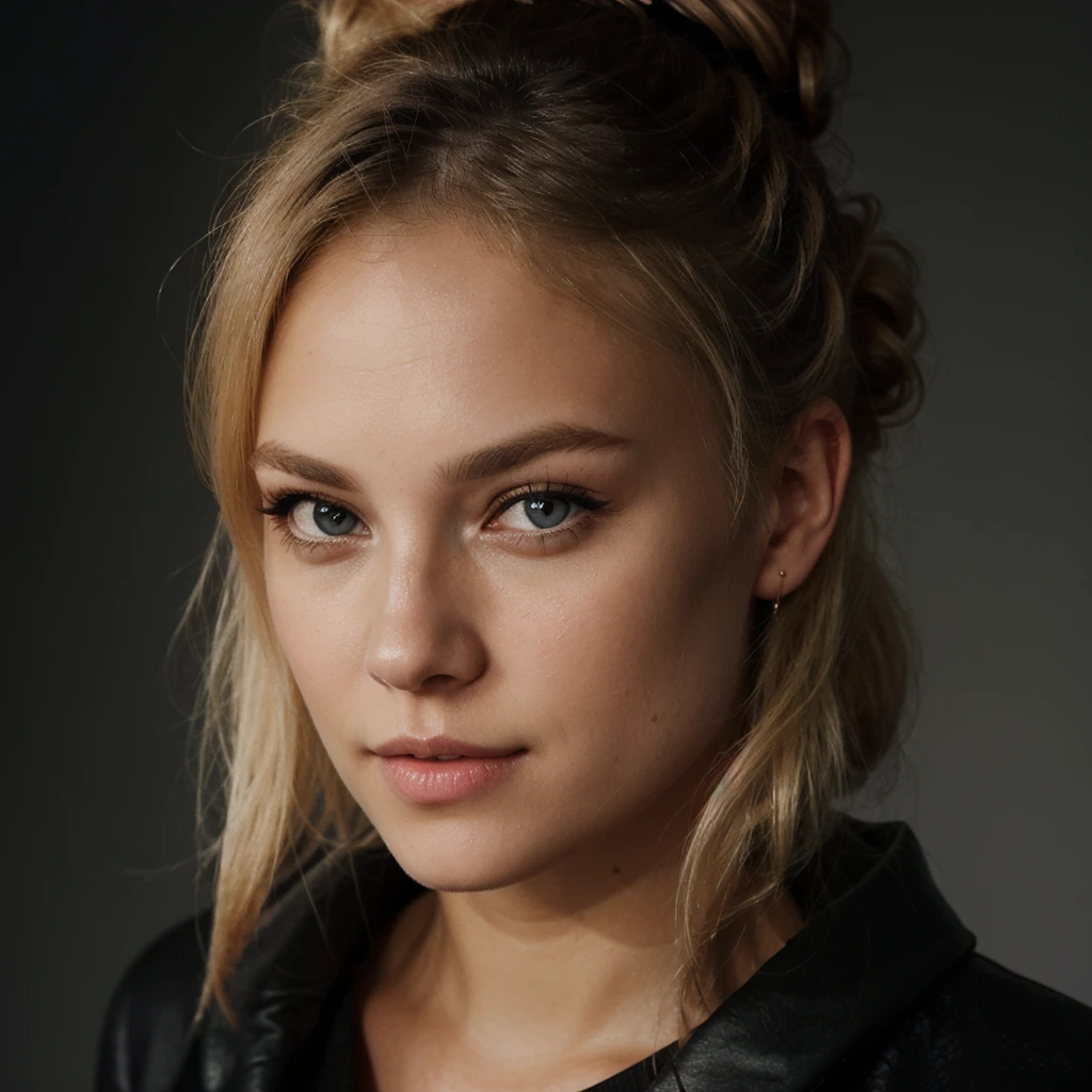 an eye contact of a blond with bun hair and dark theme