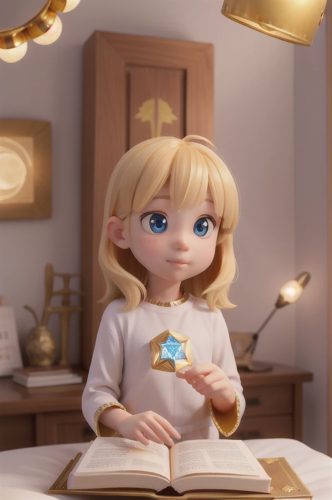 there is a with golden hair with beautiful and big brown eyes with white sparkles, she is in her room, while she is holding a book with a golden cover, she is sitting on the bed, and from the book emanates a golden light (( the book is magic)) the blue light emanates from the pages of the book, ((the blue light reflects on the little girl's face)), the book is color golden, is night and the only light is light from book, shiny light from book
