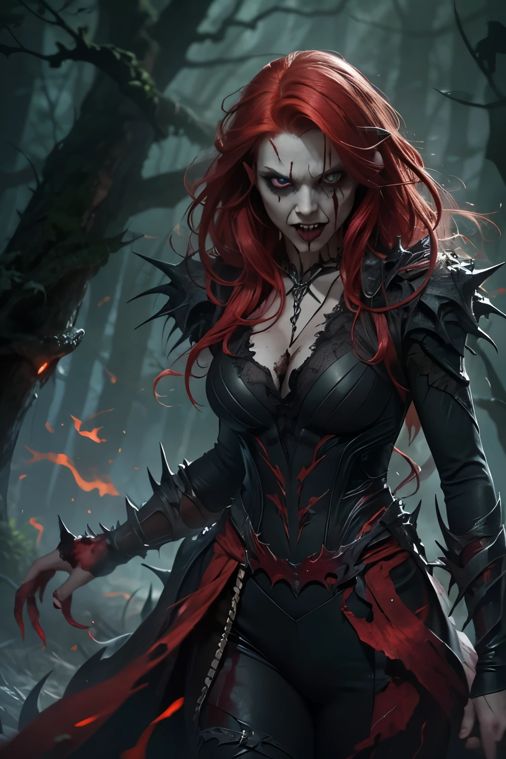 young adult woman,redhead,red hair,dark green eyes,venom,marvel,demon,half elf,scary,gory,(best quality,4k,8k,highres,masterpiece:1.2),ultra-detailed,(realistic,photorealistic,photo-realistic:1.37),fantasy,black and white,dark shadows,sharp contrasts,eerie lighting,evil smile,pale skin,fanged teeth,blood dripping,fierce expression,menacing figure,mystical atmosphere,haunting presence,mysterious background,enchanting forest,twilight setting,ominous glow,spiky black costume,sharp claws,horror aesthetic,gloomy ambiance,fire and smoke,lurking in the shadows,mesmerizing gaze,nightmare-inducing,creepy vibes,terrifying presence,alluring yet dangerous,vivid colors