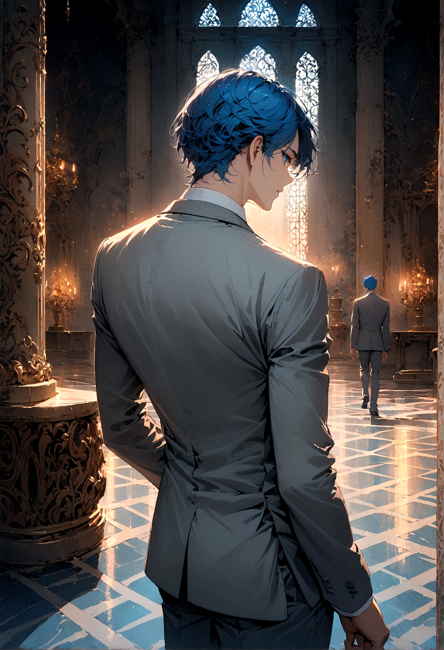A blue-haired, blue-eyed man in a gray suit turned his back and half his face, standing alone in the middle of the palace at night.