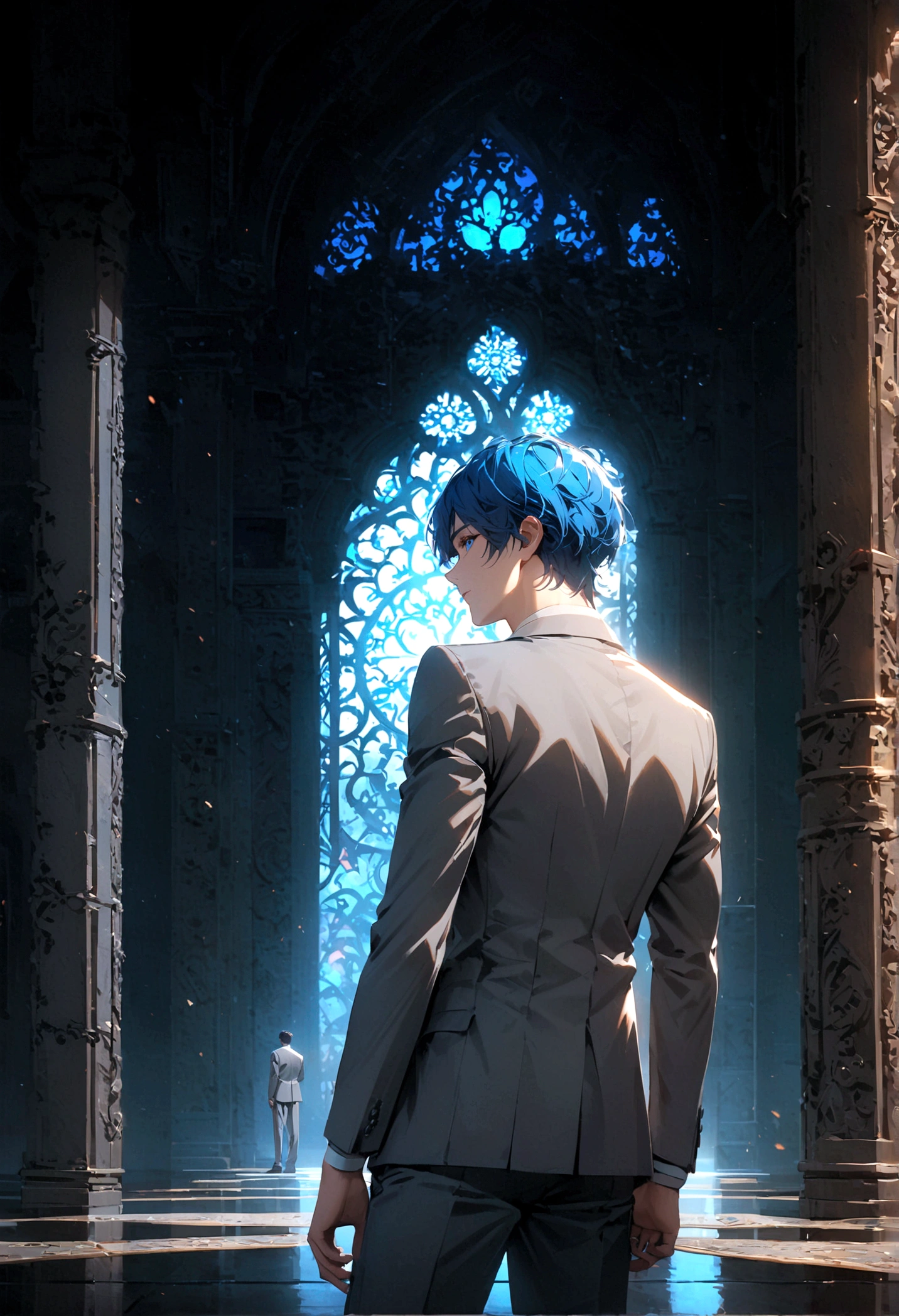 A blue-haired, blue-eyed man in a gray suit turned his back and half his face, standing alone in the middle of the palace at night.
