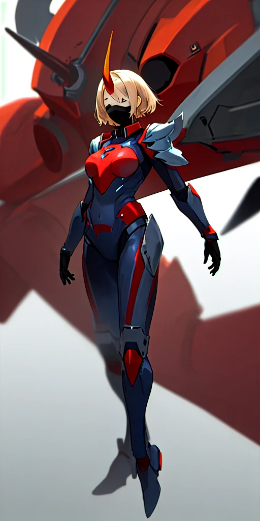 1Girl, Hero suit, Armored, Looking strait, portrait, horn, shoulder armor, Masked hero, Full body