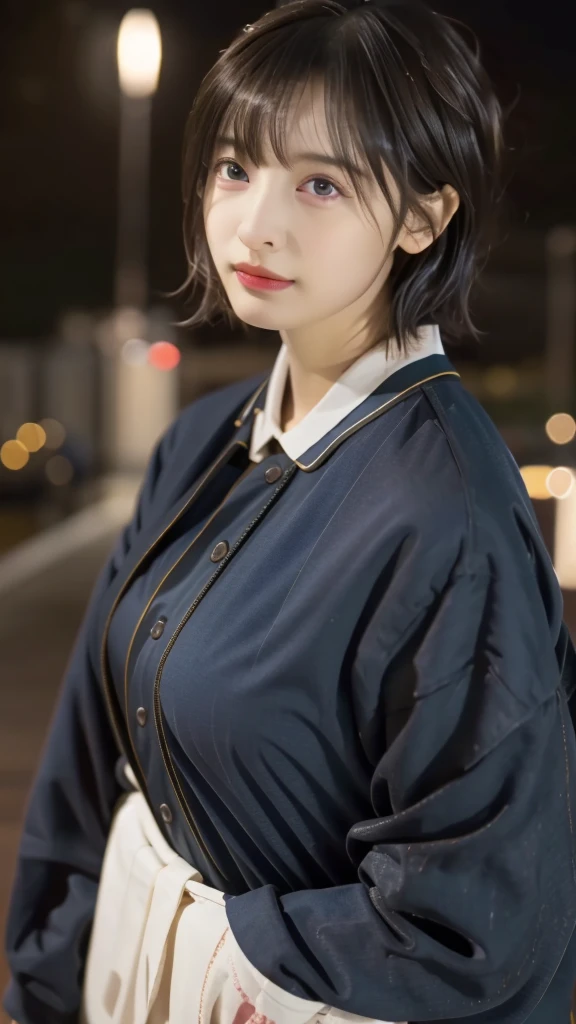RAW shooting,最high quality, masterpiece, 超High resolution, (Realistic:1.4), RAW Photos, 1 Girl,, short hair, (masterpiece, 最high quality, high quality, High resolution, Very detailed),Brown Hair, (night lighting:1.4), Cyberpunk attire、Layer Color、Clothing with 15 zippers、Baggy clothes、white, pink, Blue and yellow clothes、Looking at the audience