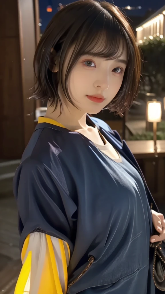 RAW shooting,最high quality, masterpiece, 超High resolution, (Realistic:1.4), RAW Photos, 1 Girl,, short hair, (masterpiece, 最high quality, high quality, High resolution, Very detailed),Brown Hair, (night lighting:1.4), Cyberpunk attire、Layer Color、Clothing with 15 zippers、Baggy clothes、white, pink, Blue and yellow clothes、Looking at the audience