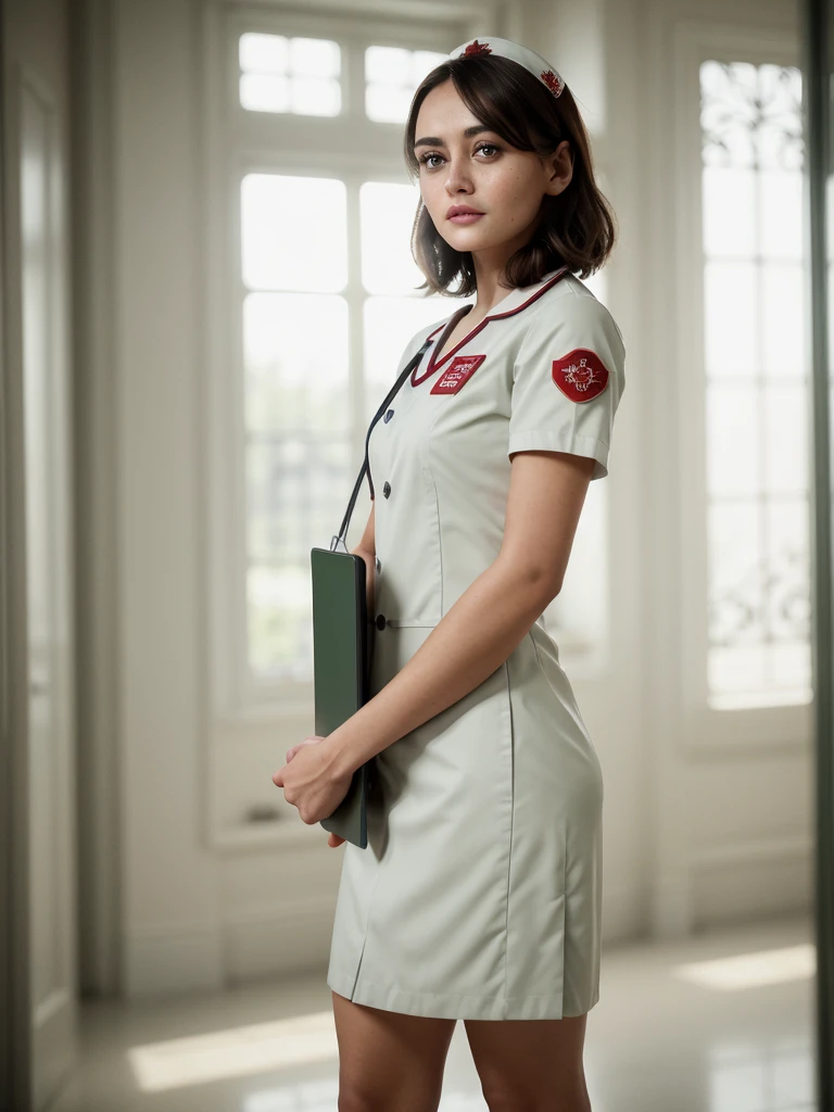 A beautiful, young nurse in a tight white uniform, long dark hair, seductive expression, holding a medical clipboard, green eyes, detailed facial features, slim figure, high heels, ornate hospital room background, dramatic lighting, cinematic composition, intricate details, vibrant colors, photorealistic, unreal engine, 8k, detailed rendering, masterpiece