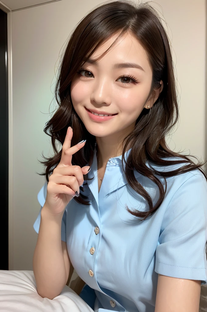 POV, (masterpiece:1.3), high resolution, ultra detailed, extremely detailed CG unity 8k wallpaper, realistic, photo-realistic, RAW photo, beautiful detailed face, pale skin, realistic skin, detailed cloth texture, detailed hair texture, Perfect proportion, Beautiful Face, accurate, Anatomically correct, Highly detailed face and skin texture, natural neck length, (beautiful hands), (fair skin:1.2), Thin legs, Thin feet,
BREAK
Detailed eyes, symmetrical eyes, Light Brown eyes, Double eyelids, Thin eyebrows, (Glossy lips:1.4), (Goddess smile:1.2),
BREAK
(A Classy and Cute girl:1.3), (Wearing a Elegant Medical office staff uniform:1.2),
(medium large :1.2), (slender figure),
(Dark brown hair, wavy hair), ((Medium long hair, asymmetrical bangs:1.2)), (Cowboy shot:1.2), (looking at viewer:1.2), From front,
BREAK
((fingersmile:1.37), (Japanese hospital bed:1.2),