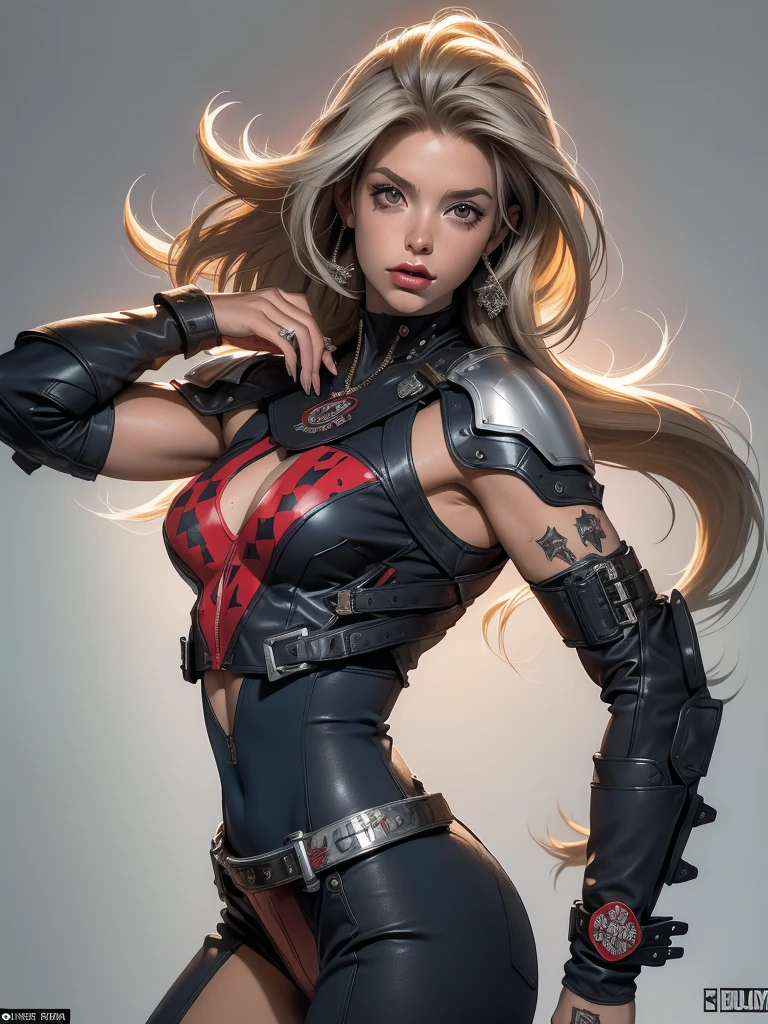 (((mulher))), (((melhor qualidade))), (((obra prima))), (((adulto))), (((1girl))), ((( corte de cabelo bob ))), Uma gladiadora cyberpunk mulher de 25 anos com corpo perfeito, shoulder pads with metal spines, Gladiadores do Brooklyn, (( corte de cabelo bob )), tiny leather panties, camiseta de time de rugby rasgada, quase nua no estilo selvagem urbano de Simon Bisley para a capa da revista Heavy Metal, Cabelo loiro curto, Minimum clothing, Metal protection on the left arm with intricate graphics, Dark red with white stars and white and navy blue checkerboard pattern, armadura, cheio de pontas e rebites, (((do joelho pra cima))), cabelos loiro branco curto, no fundo uma parede pintada por Shepard Fairey com um design intrincado