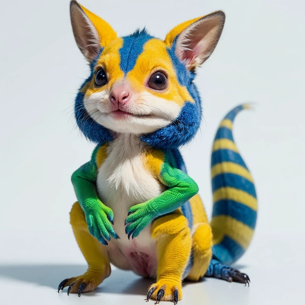 Small Animals, baby kangaroo mixed with House lizard, has yellow and blue stripes on its body, Grassroots, no background, (has beard), ((no eyes))