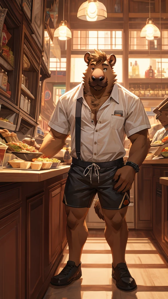 A male furry capybara is serving a food establishment and his chest is exposed, he is wearing tight shorts and his entire body can be seen in the photo.  He is very friendly with people