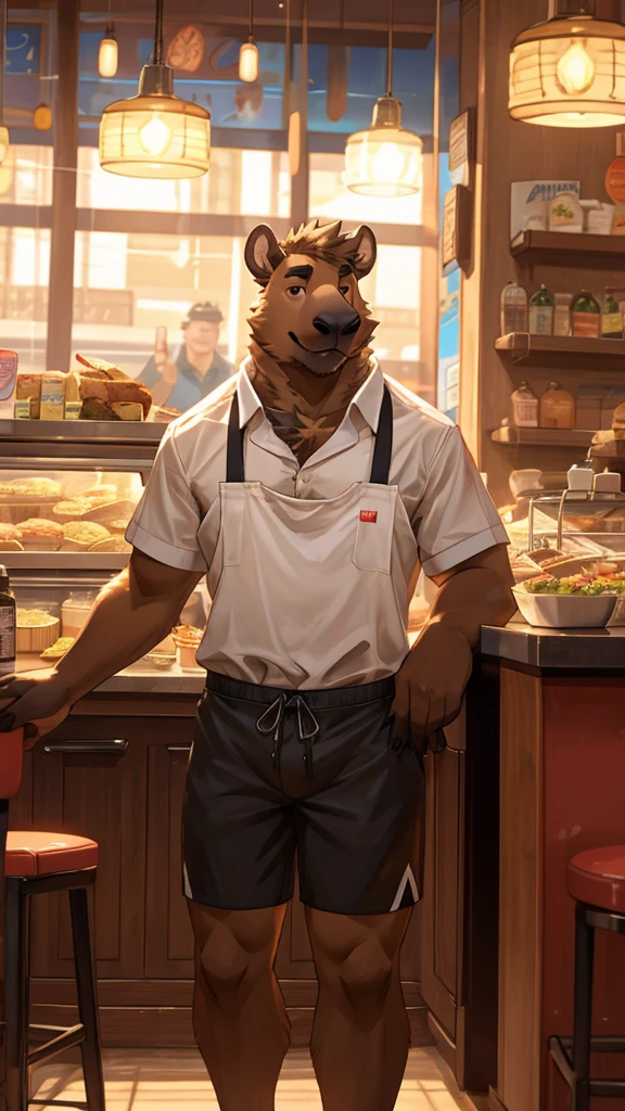 A male furry capybara is serving a food establishment and his chest is exposed, he is wearing tight shorts and his entire body can be seen in the photo. He is very friendly with people