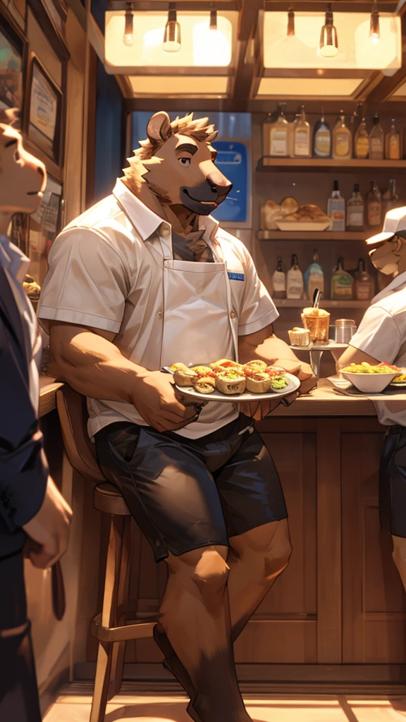 A male furry capybara is serving a food establishment and his chest is exposed, he is wearing tight shorts and his entire body can be seen in the photo. He is very friendly with people
