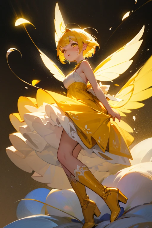 (masterpiece), best quality, expressive eyes, perfect face, fix face, full body, 1girl, fairy, 1girl, A fairy with yellow hair tied by a big orange bow, dressed in a yellow dandelion and dogwood petal dress. Yellow hair, with big bow. She is encrusted with frost. Cleavage, underboob. Blushing, seductive eyes. White flowers lace through her short hair, and snow piles around her with light filtering through dramatically. The highly detailed sky is pastel and glittery, and intricately detailed. She has massive yellow sunshine wings that are completely glowing. Her eyes are yellow. She wears yellow, petal boots. Yellow eyes and cutesy pupils. Angle facing down, centered, yellow dress and golden and rainbow background, cupidtech