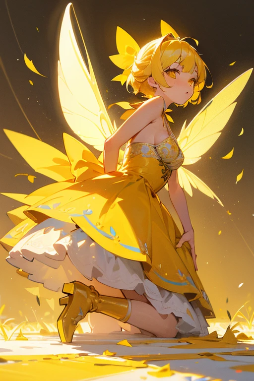 (masterpiece), best quality, expressive eyes, perfect face, fix face, full body, 1girl, fairy, 1girl, A fairy with yellow hair tied by a big orange bow, dressed in a yellow dandelion and dogwood petal dress. Yellow hair, with big bow. She is encrusted with frost. Cleavage, underboob. Blushing, seductive eyes. White flowers lace through her short hair, and snow piles around her with light filtering through dramatically. The highly detailed sky is pastel and glittery, and intricately detailed. She has massive yellow sunshine wings that are completely glowing. Her eyes are yellow. She wears yellow, petal boots. Yellow eyes and cutesy pupils. Angle facing down, centered, yellow dress and golden and rainbow background, cupidtech