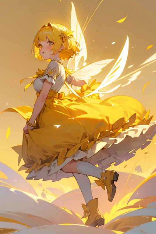 (masterpiece), best quality, expressive eyes, perfect face, fix face, full body, 1girl, fairy, 1girl, A fairy with yellow hair tied by a big orange bow, dressed in a yellow dandelion and dogwood petal dress. Yellow hair, with big bow. She is encrusted with frost. Cleavage, underboob. Blushing, seductive eyes. White flowers lace through her short hair, and snow piles around her with light filtering through dramatically. The highly detailed sky is pastel and glittery, and intricately detailed. She has massive yellow sunshine wings that are completely glowing. Her eyes are yellow. She wears yellow, petal boots. Yellow eyes and cutesy pupils. Angle facing down, centered, yellow dress and golden and rainbow background, cupidtech
