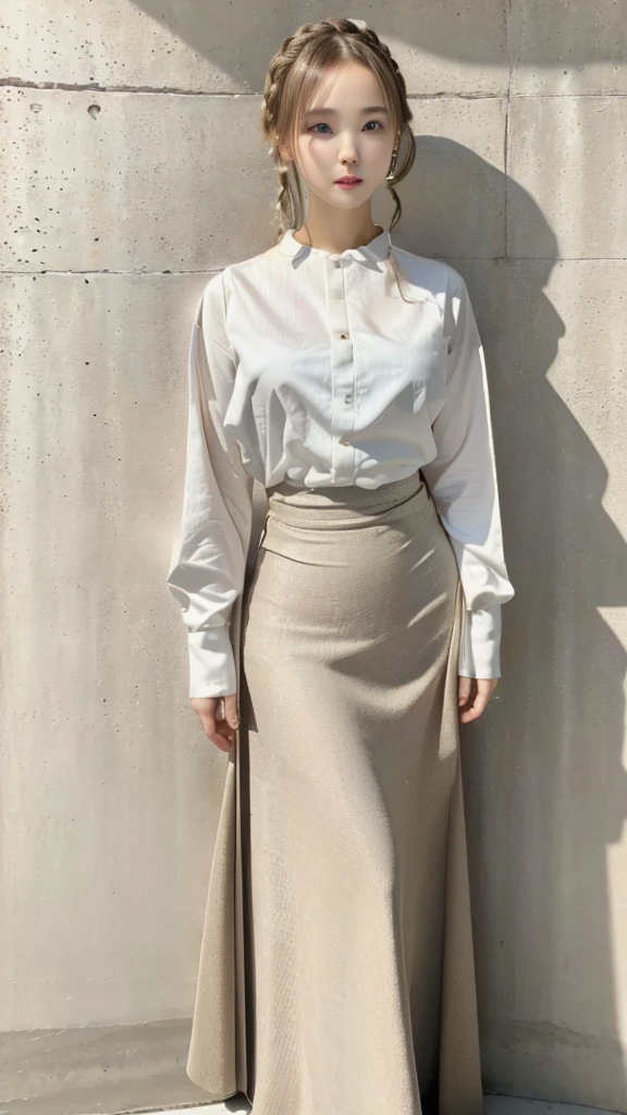 One Woman、Cute face、Also々New Expressions、Japanese、Japanese、、Grey Eyes、Beige Hair、French Braid、16talent、White shirt、デニムのLong skirt、Long skirt、Random Pause、(((Photo Studio、Concrete Background、Perfect lighting、Professional Photographer、50mmlens)))、Highest quality、Ultra-high resolution、masterpiece:1.3,8k、Precision Finishing、Unreasonable